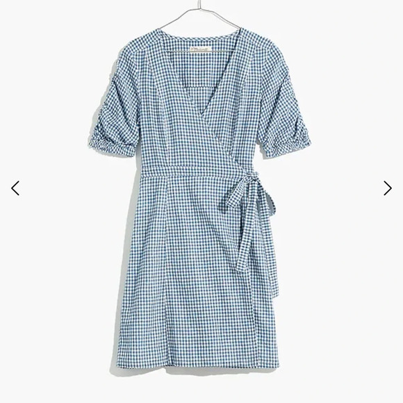 Madewell Gingham Shirred -Sleeve Wrap Dress in Blue & White Size XXS linen blend - Picture 6 of 15